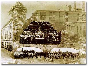 Fotomontage mit Belegschaft, Brauhaus, Brauereigebuden 