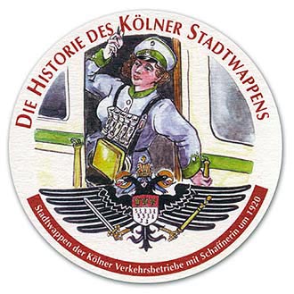 Stadtwappen der Kölner Verkehrsbetriebe mit Schaffnerin um 1920